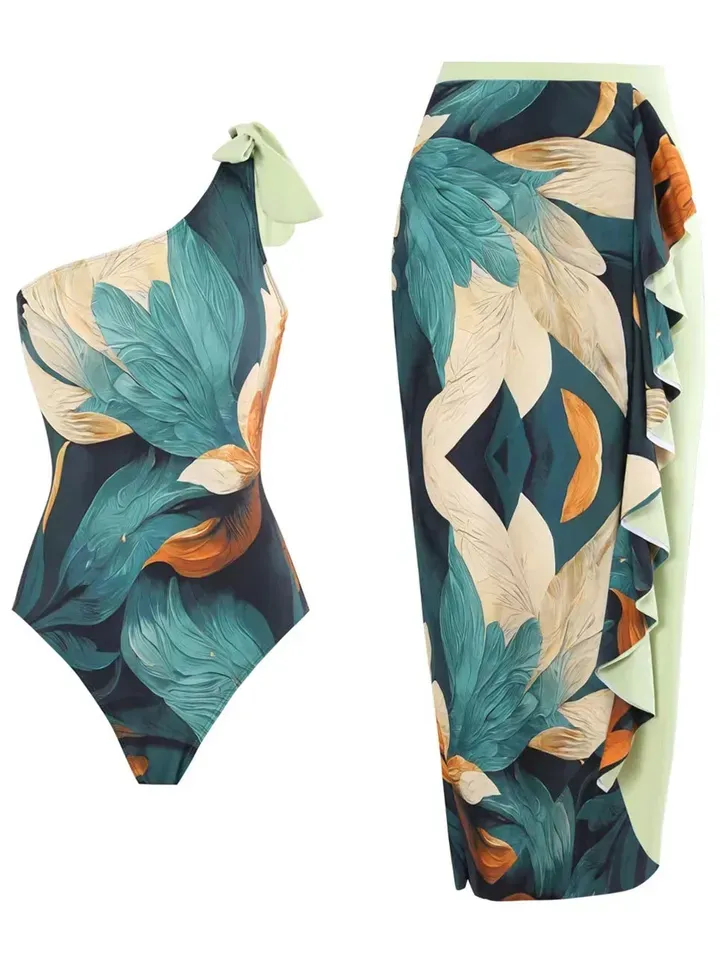 One Shoulder Swimsuit & Beach Skirt 2025  Retro Floral Print One-Shoulder Swimsuit with Matching Beach Skirt – Elegant Tropical Two-Piece Set